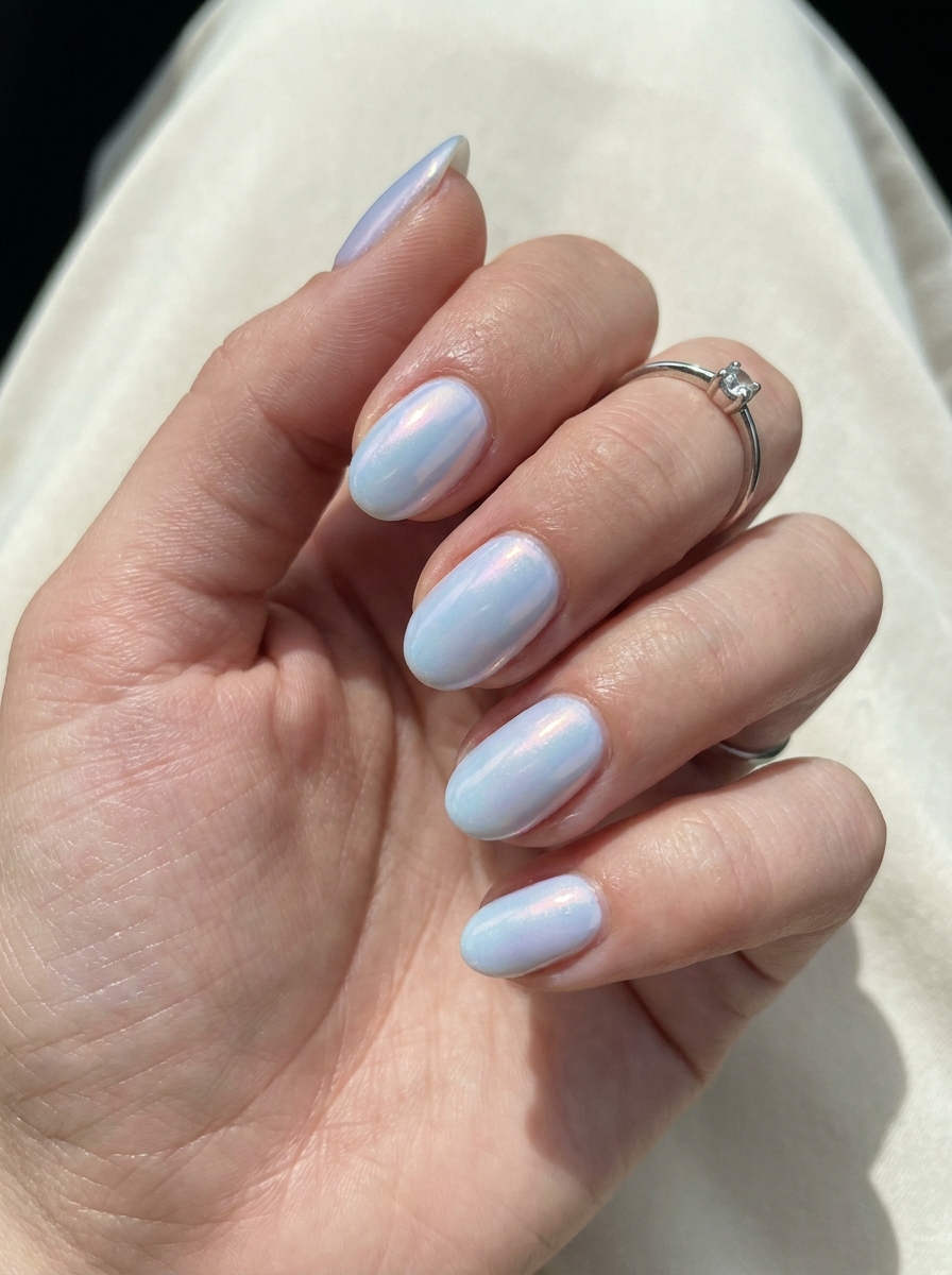 Baby Blue Opal Nails mit pastelligem Blau und Opal-Schimmer